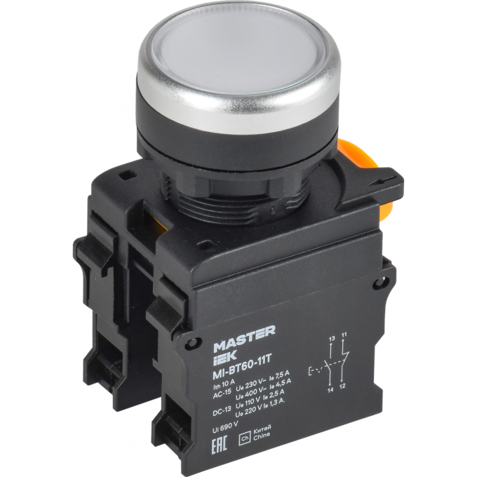 Кнопка с фиксацией IEK MASTER MI-BT60-11T-3-21-K01 d=22мм 1NO+1NC белая MI-BT60-11T-3-211-K01