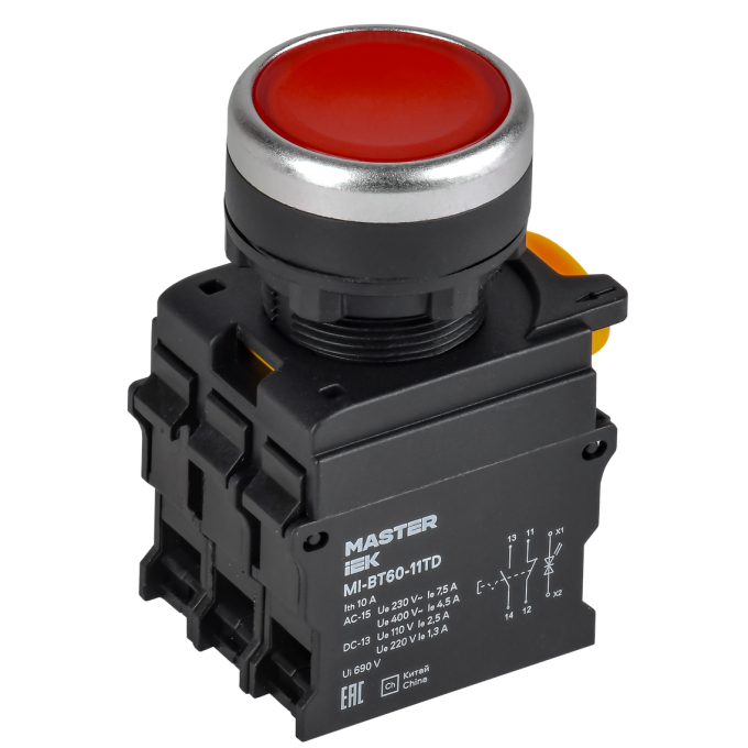 Кнопка с подсветкой и фиксацией IEK MASTER MI-BT60-11TD-3-11-K04 d=22мм 1NO+1NC красная MI-BT60-11TD-33-11-K04