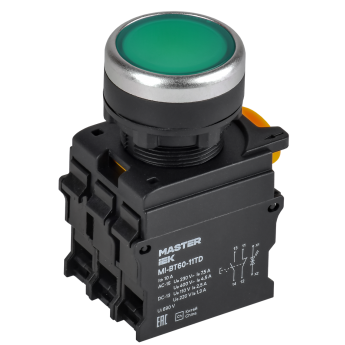 Кнопка с подсветкой и фиксацией IEK MASTER MI-BT60-11TD-3-11-K06 d=22мм 1NO+1NC зелёная