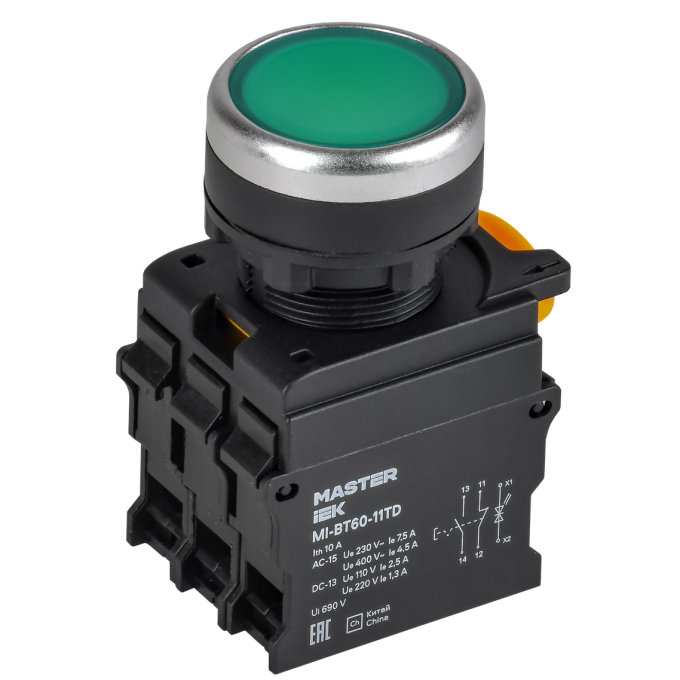 Кнопка с подсветкой и фиксацией IEK MASTER MI-BT60-11TD-3-11-K06 d=22мм 1NO+1NC зелёная MI-BT60-11TD-33-11-K006