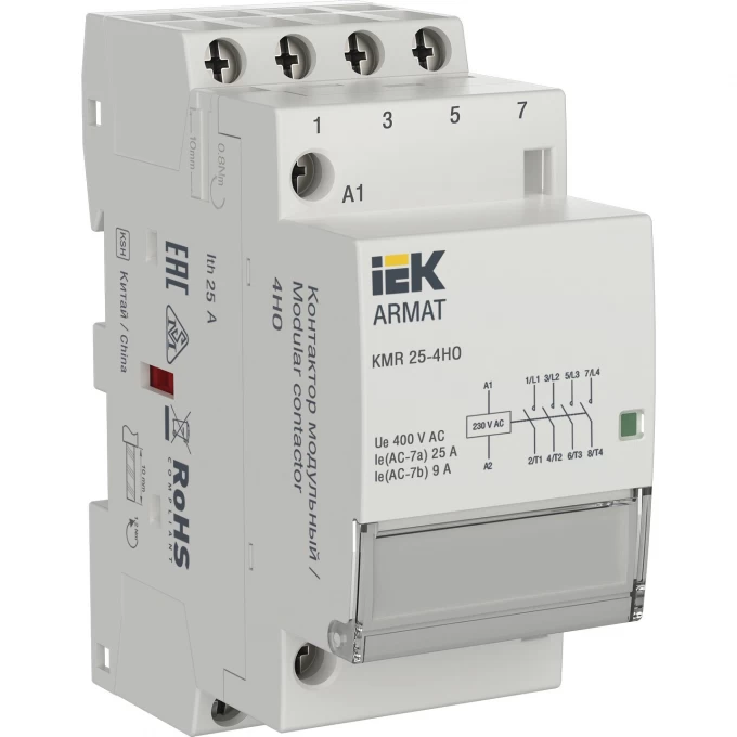 Модульный контактор IEK ARMAT KMR 25А, 230В AC, 4НО AR-KMR10-025-40-230 Модульный контактор IEK ARMAT KMR 25А, 230В AC, 4НО AR-KMR10-025-40-230